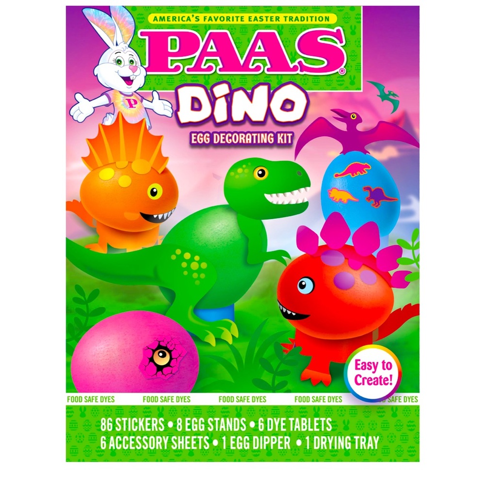 PAAS Dinosaur Easter Egg Decorating Kit Includes 86 Stickers, 8 Stands, 6 Dyes